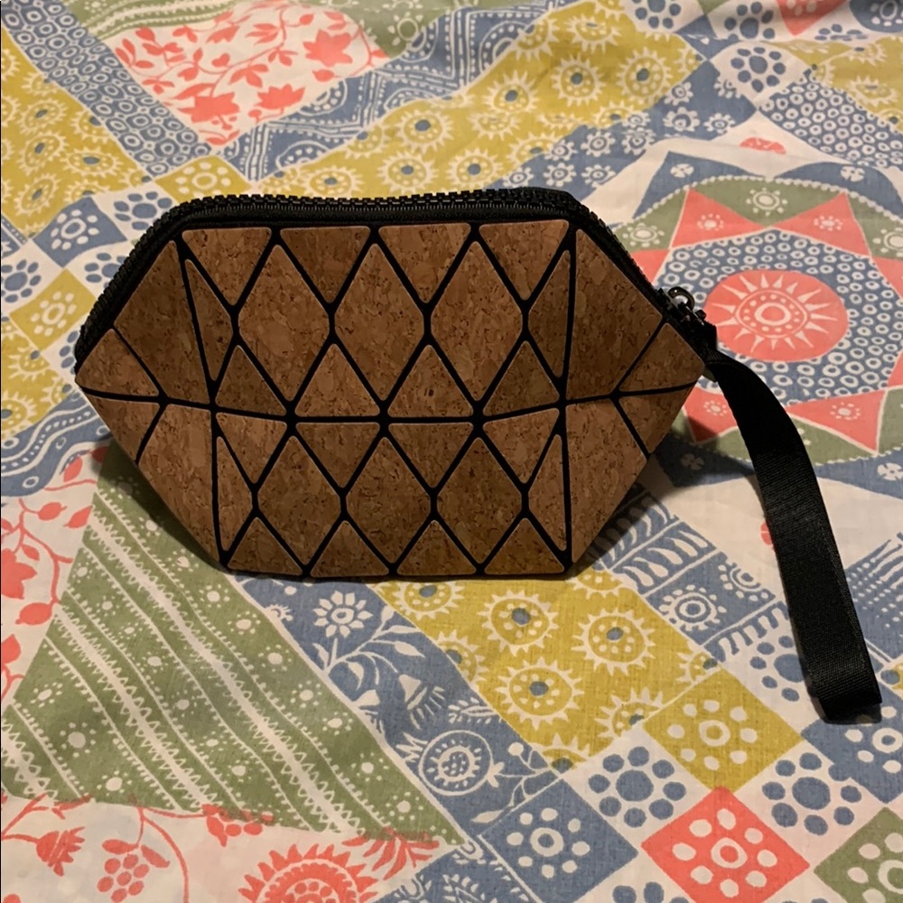 Geometric Cork Wristlet Pouch or Make Up Bag- Collapses Flat for Travel
